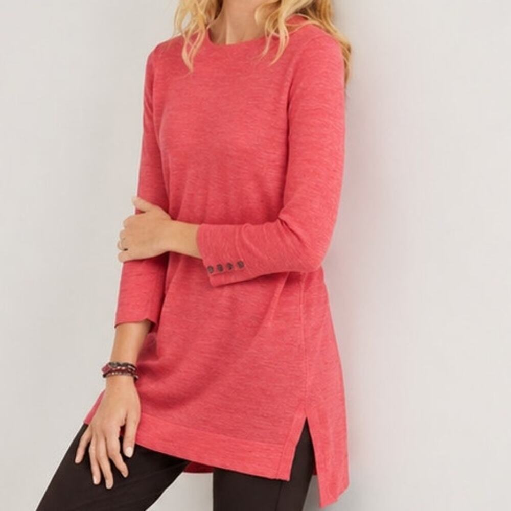 J Jill Merino Wool Tunic Small Coral 3/4 Sleeve High Low Hem Lagenlook